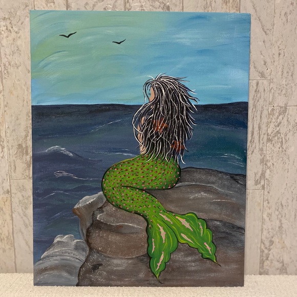 Hand crafted painted Mermaid Ocean Rock canvas wall Art 11X14” free handed - Picture 9 of 11